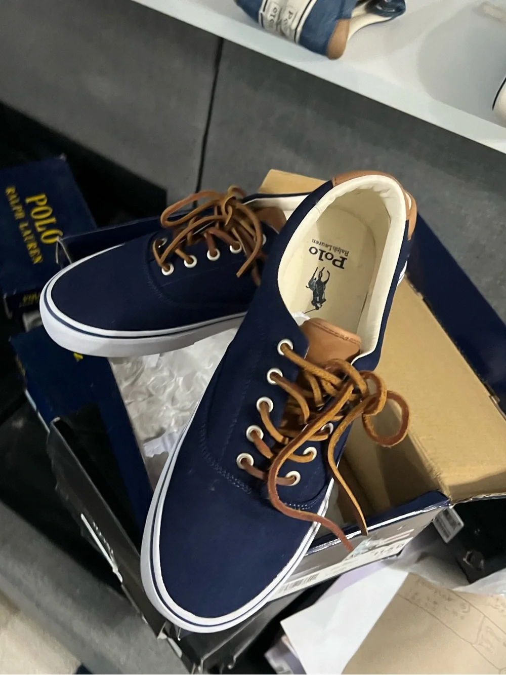 Polo by Ralph Lauren Navy Canvas Sneakers with Brown Accents